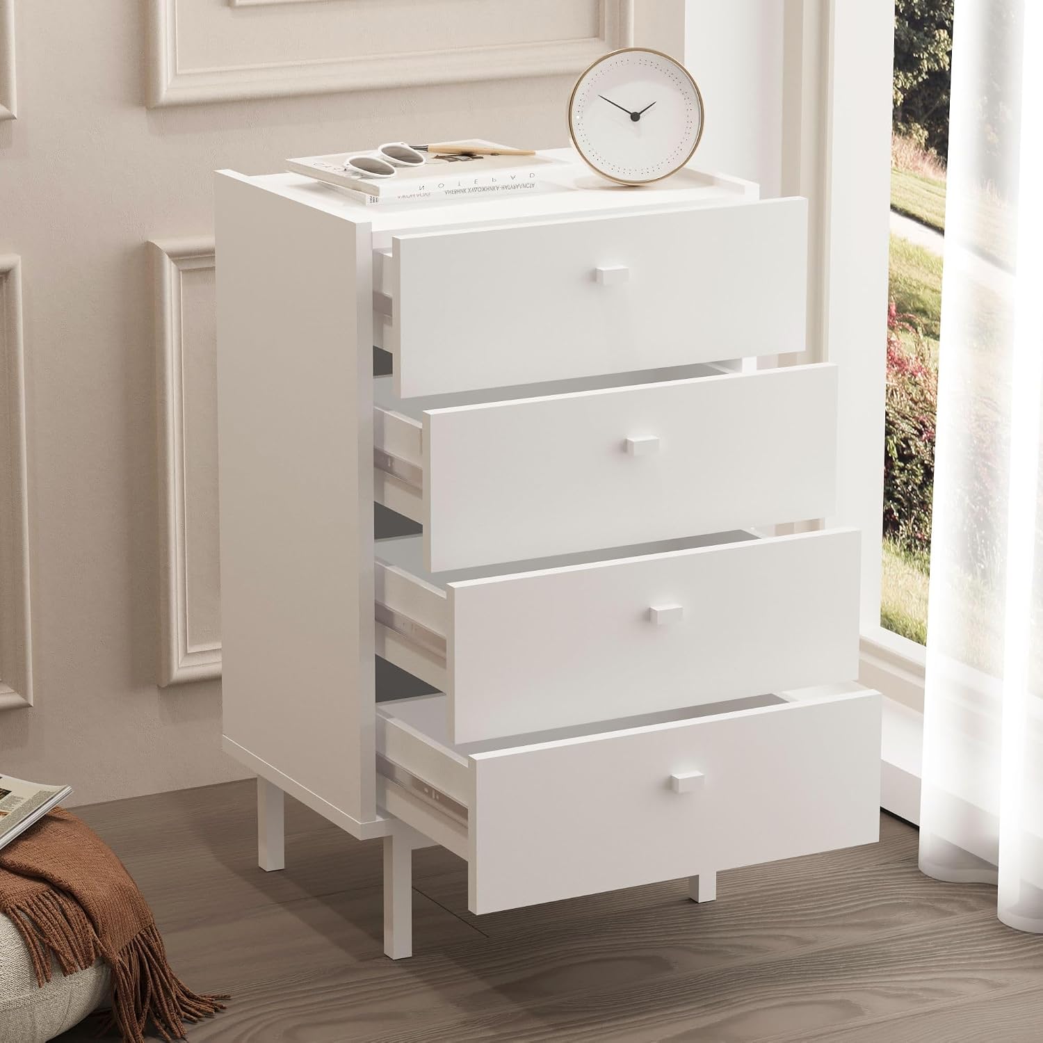 Elegant White Chest of Drawers with Beech Wood Legs 18" | 100% Melamine Coated, 18mm Thick | Wall Mountable Stylish Storage