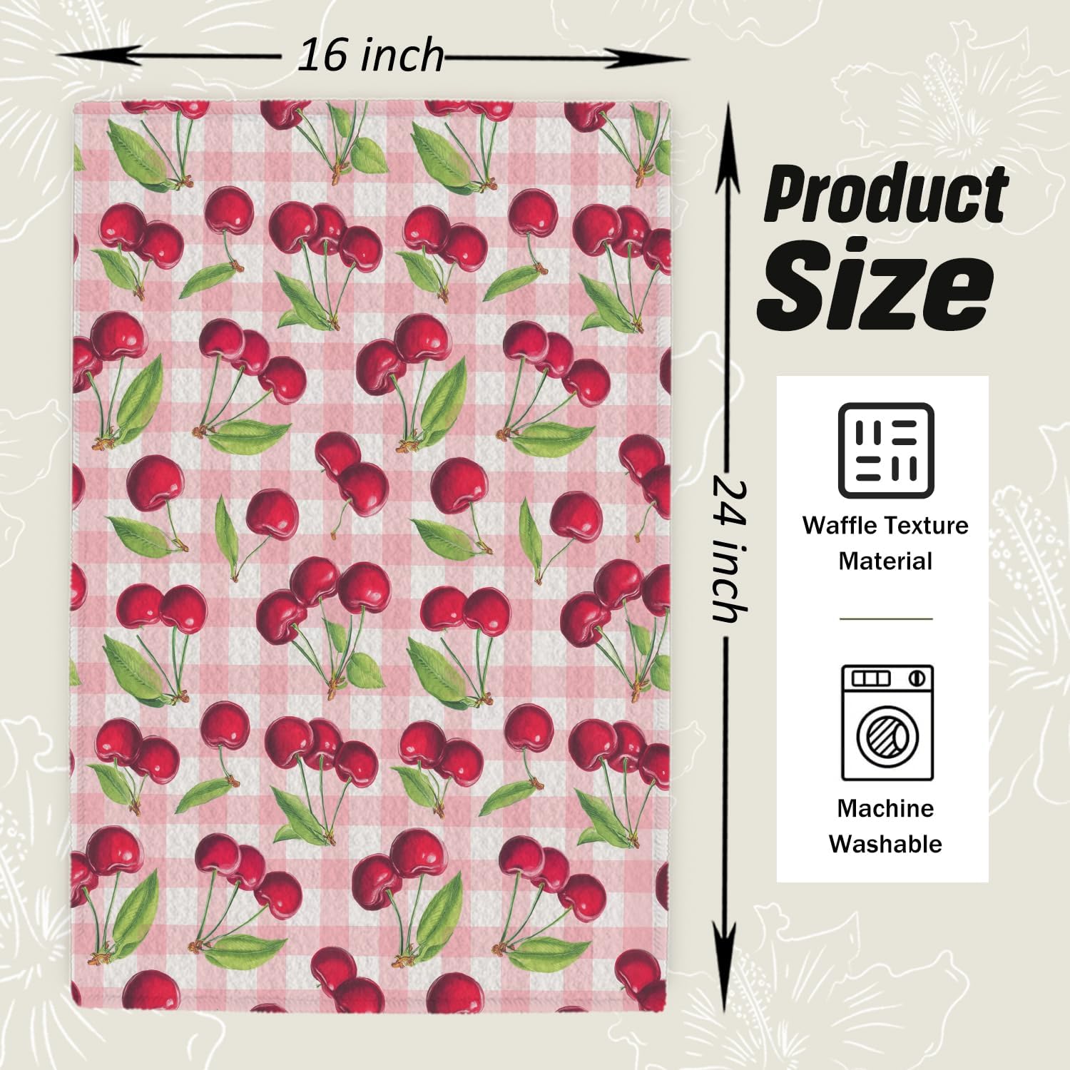Pink Plaid Cherry Fruit Kitchen Dish Towels, Cherry Gifts for Women, Pink and White Gingham Check Cherries Decorative Hand Tea Towels for Kitchen Bathroom, 16x24 Inch - Image 2