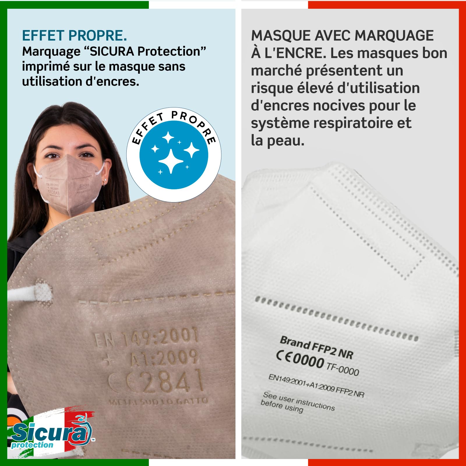 50 masques FFP2 certifiés CE Beige avec élastiques blancs Logo en relief SICURA BFE ≥99% Fabriqué en Italie Masques FFP2 SANITISÉS et scellés individuellement