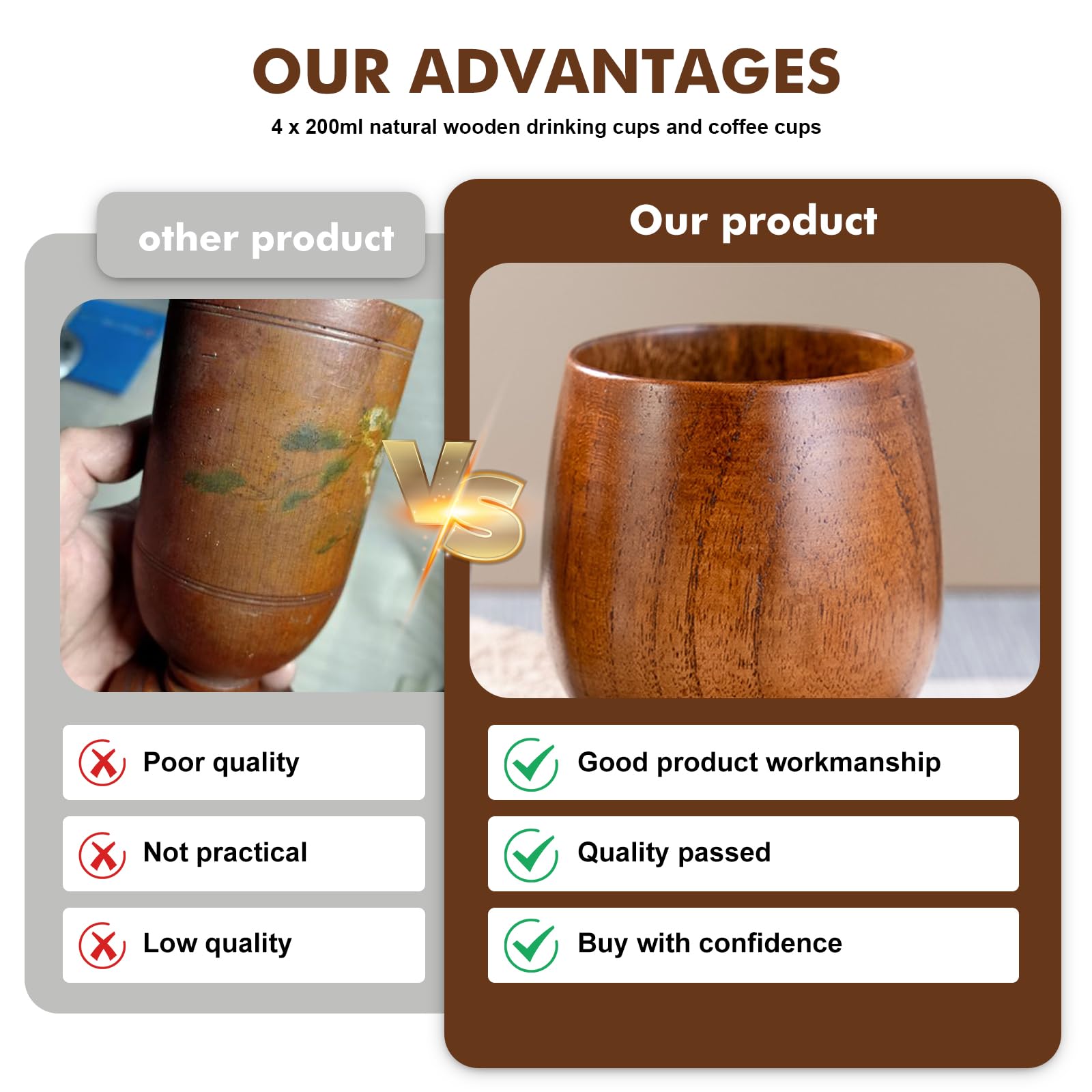 4 bicchieri in legno da 200 ml, in legno naturale, con fondo piatto, design semplice, in legno, per la casa e l'ufficio