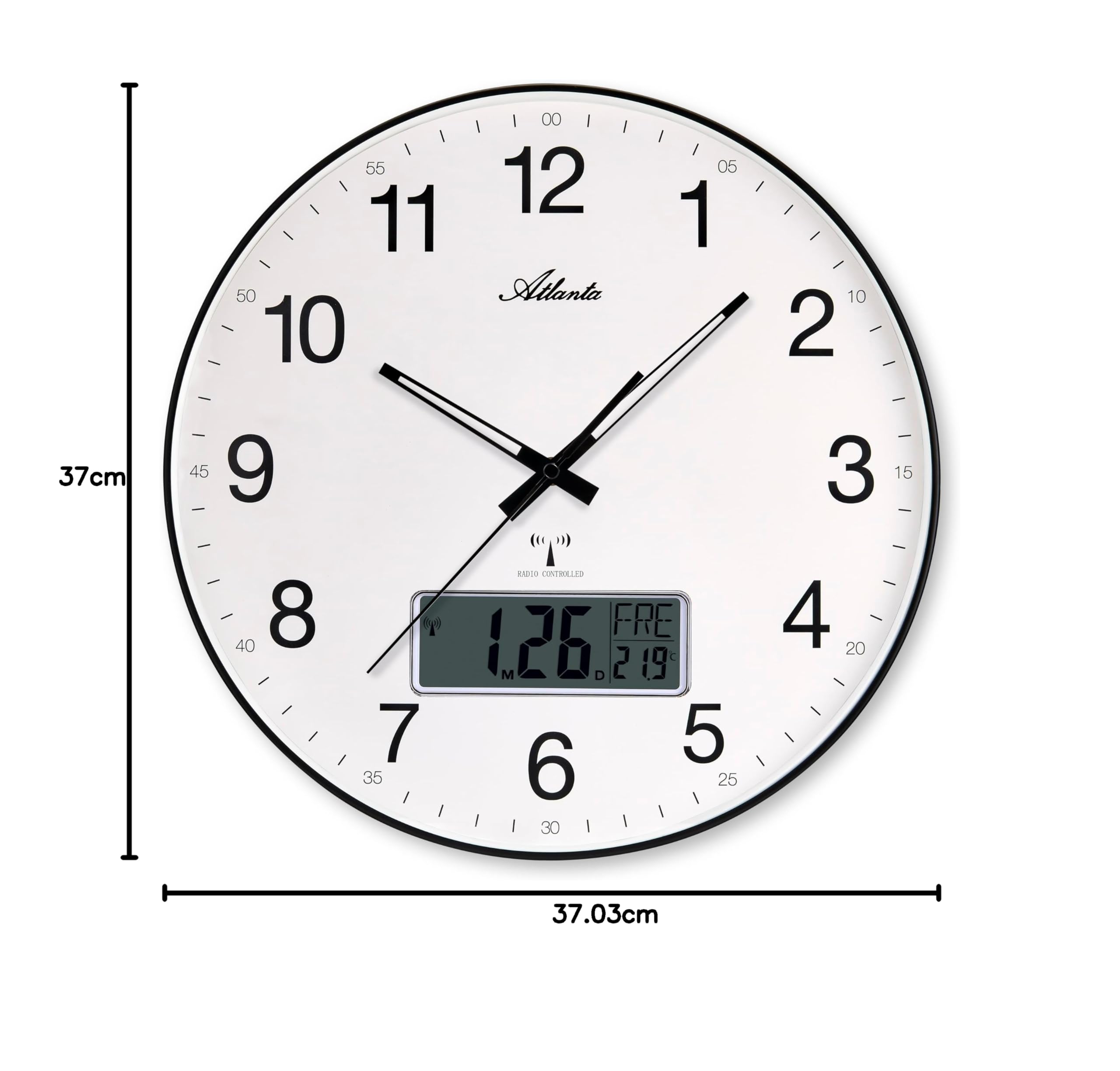 Atlanta Große Funk Wanduhr Analog LCD Digital Datum Temperatur 37cm zusätzliche Außenantenne - 4573