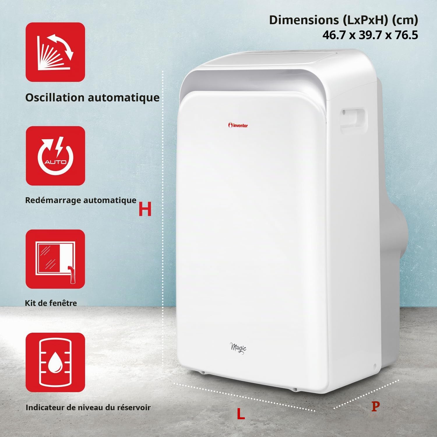 Magic Inventeur Climatiseur portable 12 000 BTU refroidissement, chauffage, déshumidificateur, ventilateur, affichage numérique, télécommande, 3 vitesses, minuterie 24h