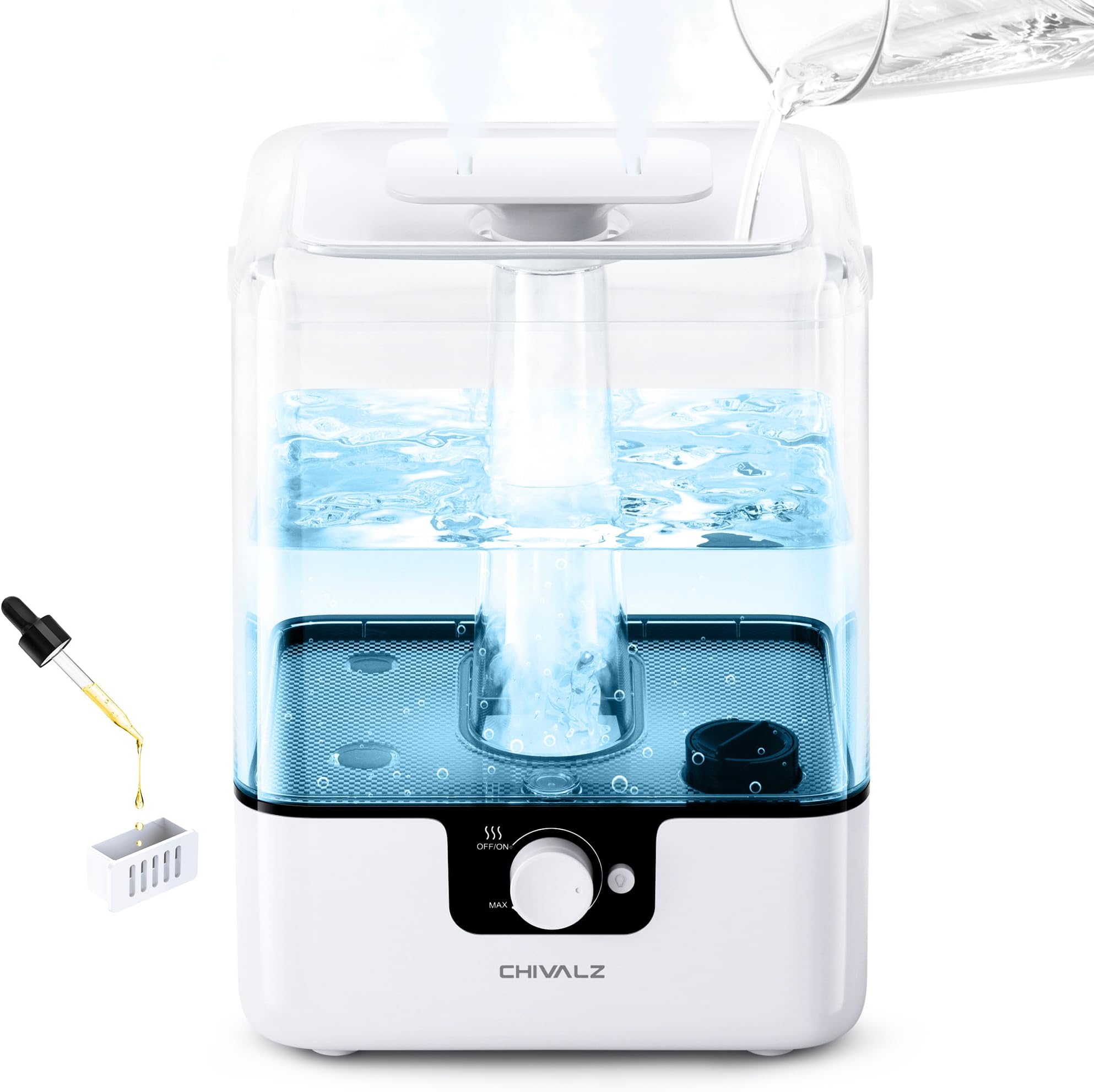 CHIVALZ 6L Humidifiers for Bedroom Large Room Home, Cool Mist Top Fill Humidifiers for Baby Nursery and Plants, 26dB Quiet, Nightlight, Up to 50 Hours, Oil Diffuser 1 Pack + 2 Mist Outlets White