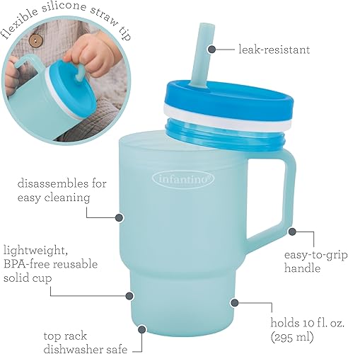 Vista 5 de Infantino Mi primer vaso, taza de sorbito de plástico duradero con pajita de silicona resistente a fugas y asa, para llevar, taza de transición Azul