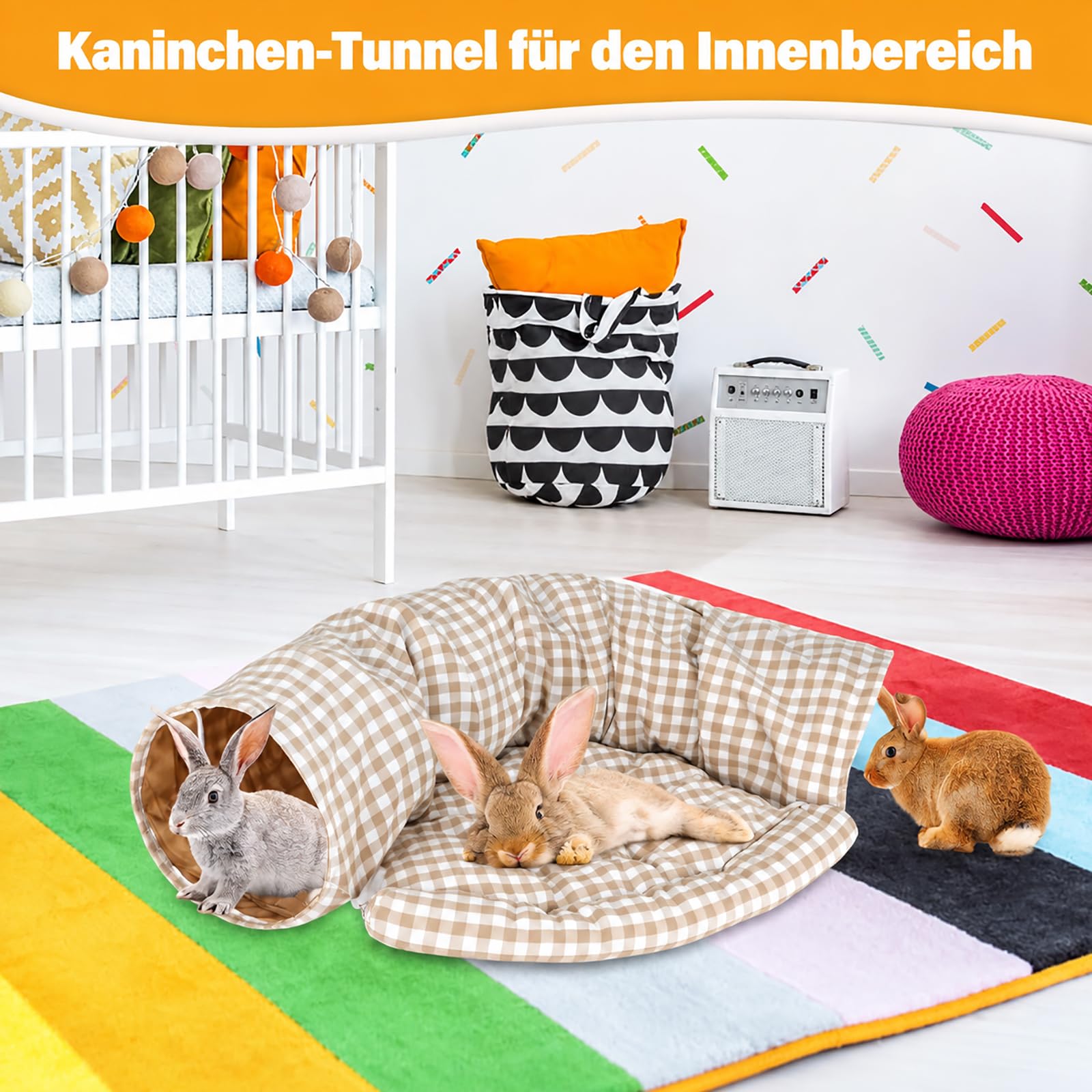 Lit tunnel pour lapin 2 en 1 – Tunnel pliable avec tapis amovible, tunnel douillet lavable pour lapins, cochons d'Inde et chats, espace de jeu et de couchage confortable pour petits animaux