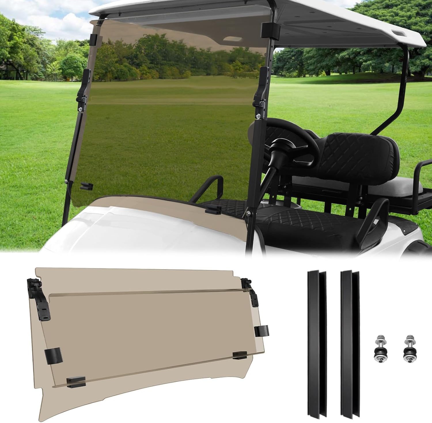 Golf Cart Windshield for EZGO TXT 1995-2013 Golf Cart, Foldable| Clear| Impact Resistant Windshield For EZGO Fit 0.75 Inch Square Strut Window Frame(Tinted)