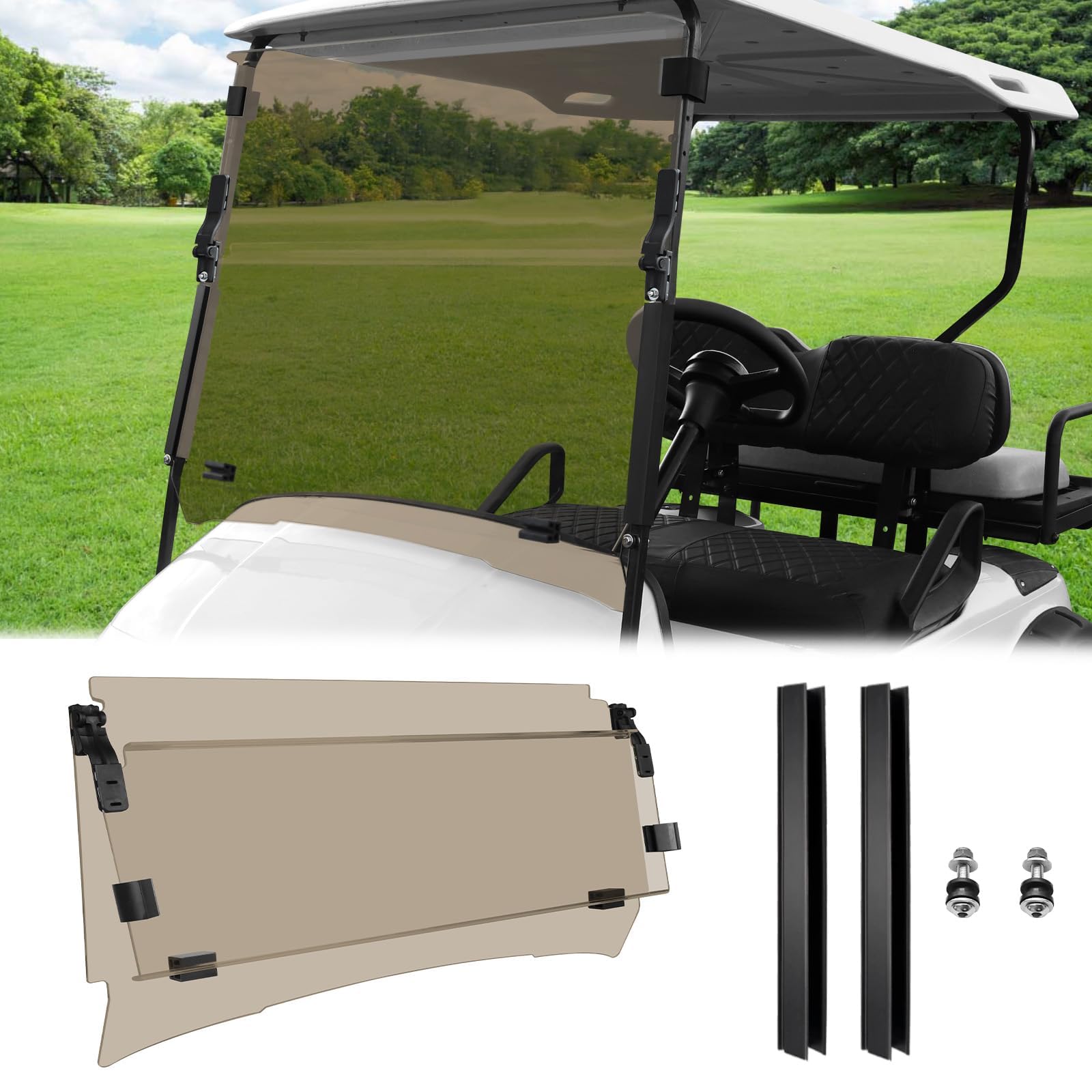 Golf Cart Windshield for EZGO TXT 1995-2013 Golf Cart, Foldable| Clear| Impact Resistant Windshield For EZGO Fit 0.75 Inch Square Strut Window Frame(