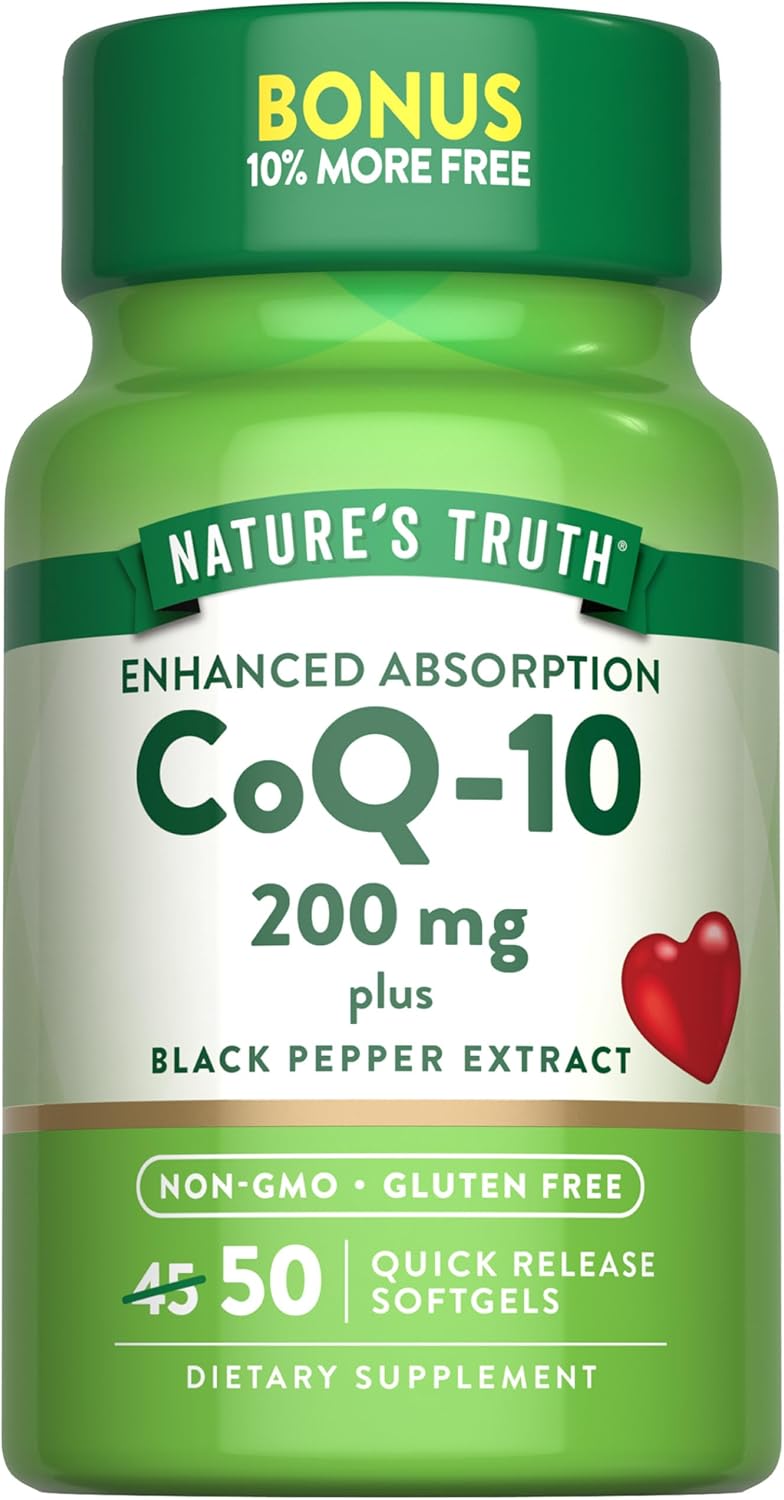 Nature's Truth CoQ10 200mg Softgels | 50 Count | Enhanced Absorption Supplement | Plus Black Pepper Extract | Non-GMO, Gluten Free