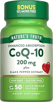 Natures Truth CoQ10 200mg Softgels | 50 Count | مكمل الامتصاص المعزز | Plus Black Pepper Extract | غير معدل وراثيًا، خالي من الغلوتين