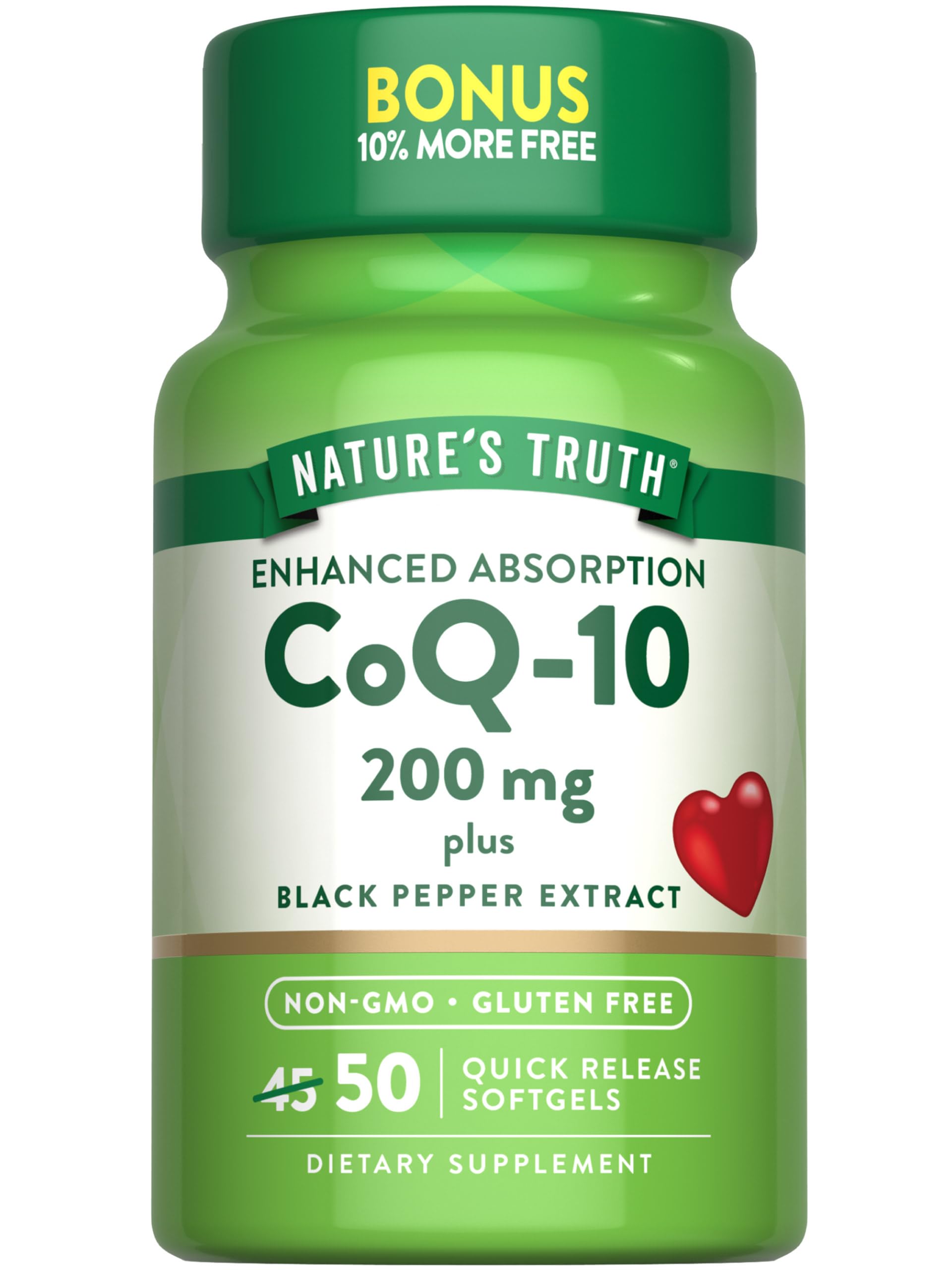 CoQ10 200mg Softgels | 50 Count | Enhanced Absorption Supplement | Plus Black Pepper Extract | Non-GMO, Gluten Free