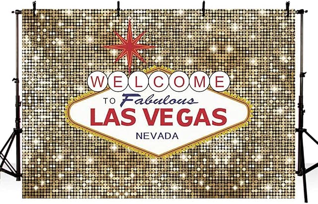 MEHOFOND 7x5ft Welcome to Las Vegas Party Background Fabulous Casino Poker Vintage Gold Round Sequin Photography Backdrop Photo Shoot Decor Banner Portrait Photo Booth Props Supplies