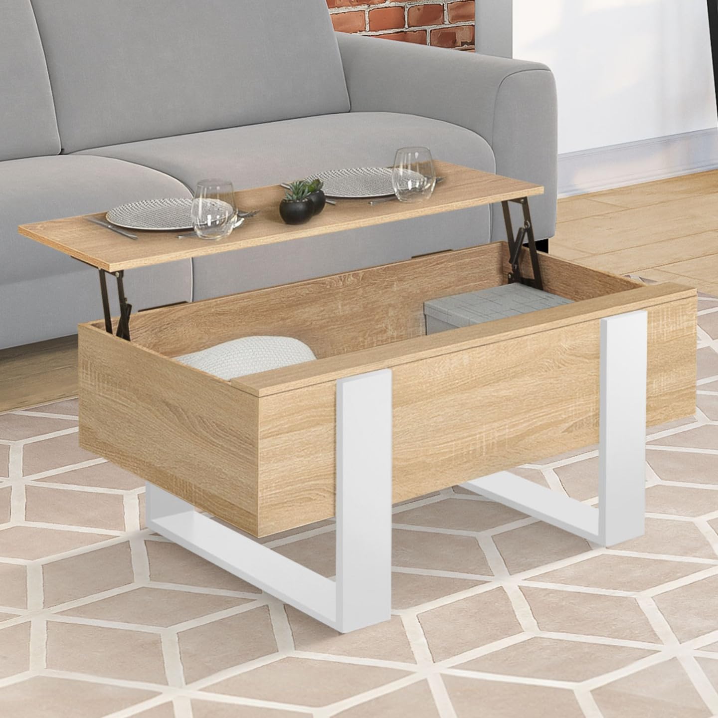 IDMarket - Mesa baja con bandeja elevable rectangular Phoenix Madera y Blanco