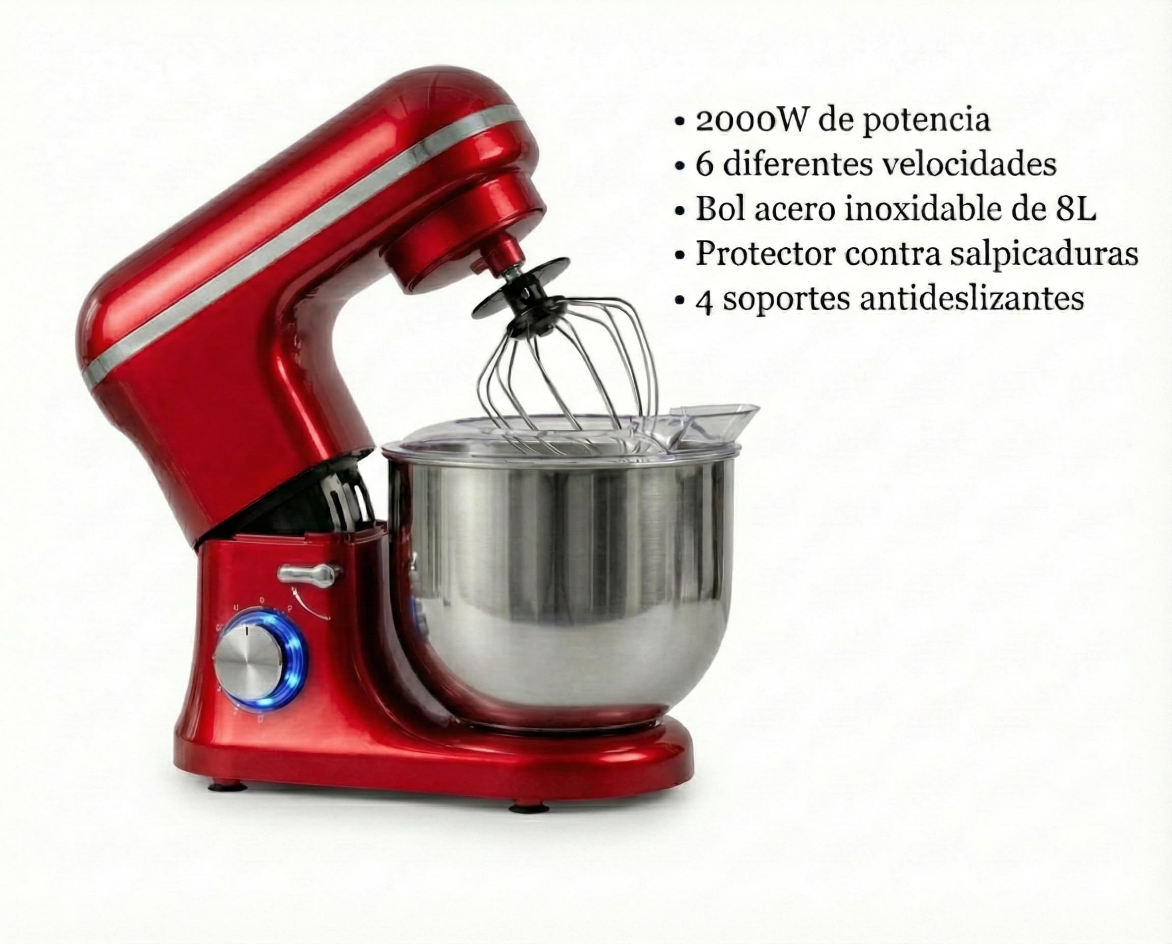 Batidora Amasadora 8L 2000W Amasadora de Pan Para Repostería, Robot de Cocina Amasador, Bajo Ruido, Potente y Profesional, 6 Velocidades con Pulso, Bol de Acero Inoxidable (Rojo)