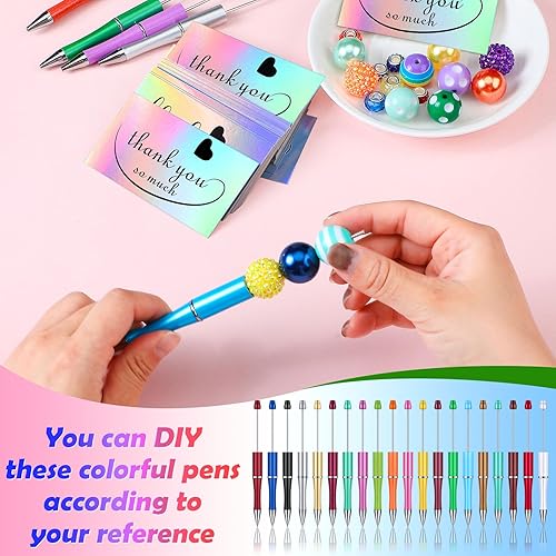 Miniatura 5 de Yeaqee Kit de 150 bolígrafos con cuentas, 50 bolígrafos de plástico con cuentas de colores, 50 tarjetas de agradecimiento de papel de aluminio con
