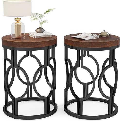 Miniatura 8 de Tribesigns Juego de 2 mesas auxiliares redondas, mesa auxiliar industrial con marco hueco de metal, mesita de noche pequeña para sala de estar,