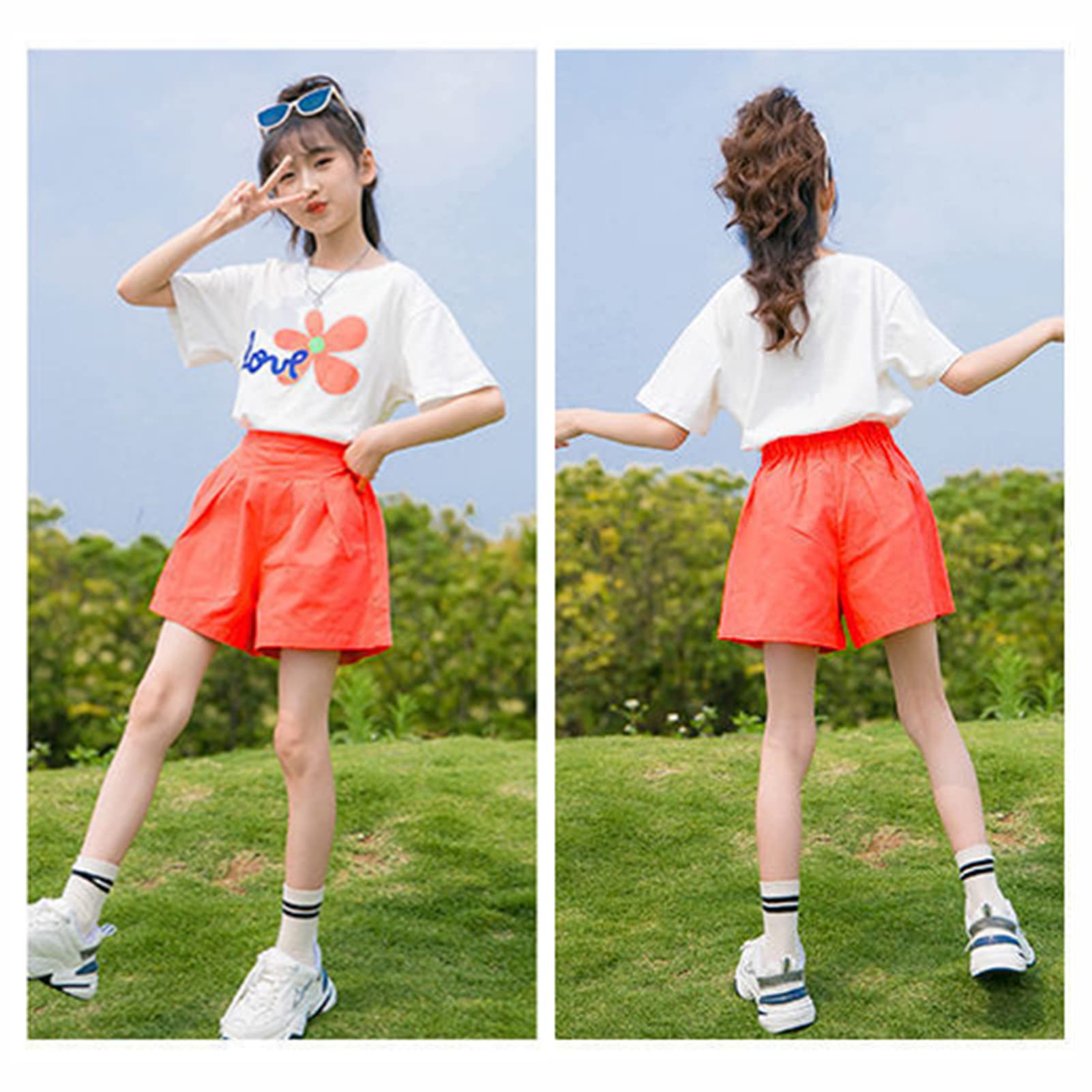 amropi Niña 2 Piezas Floral Camiseta de Manga Corta y Pantalones Cortos Verano Conjunto de Ropa 3-13 años