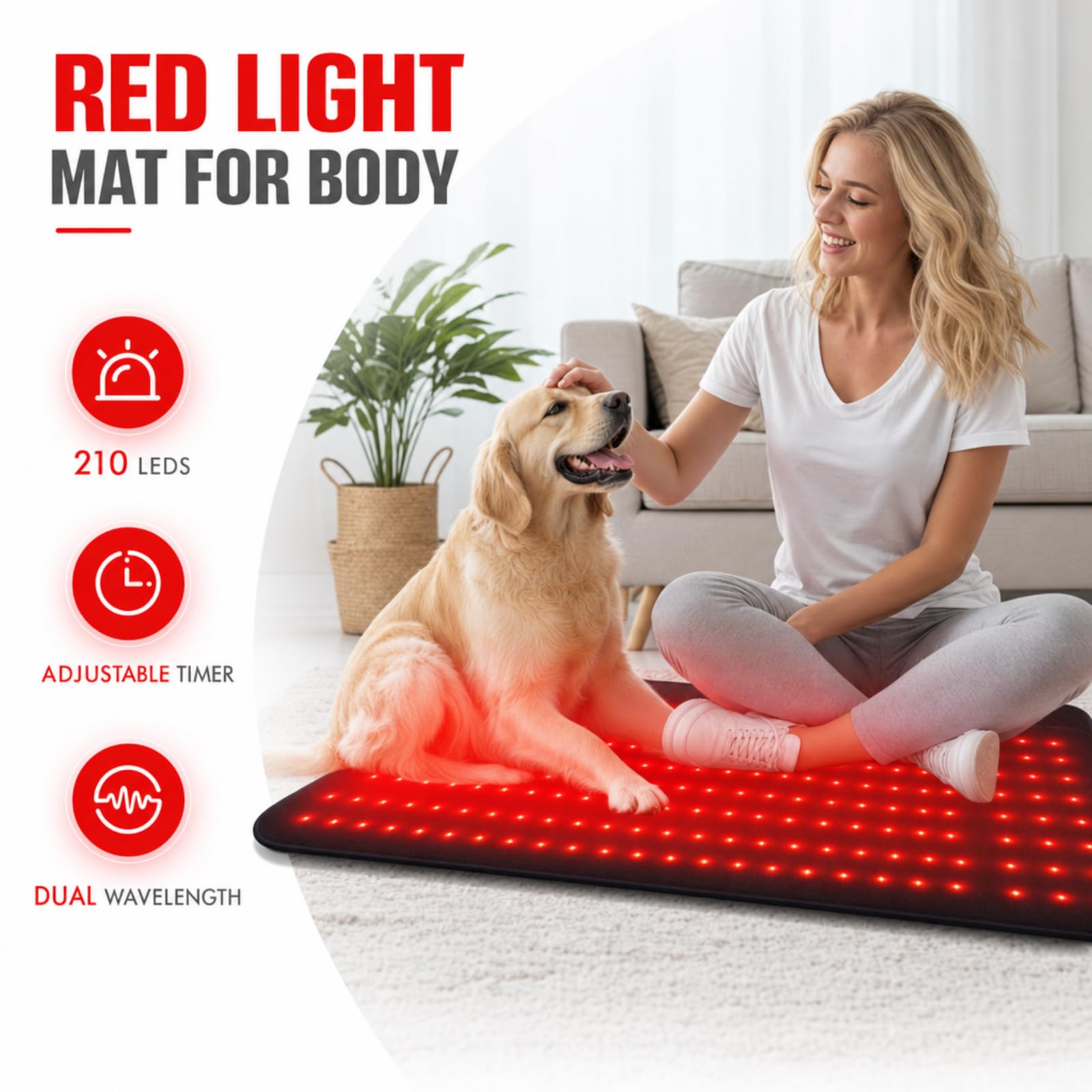 Luce rossa opaca, 210 LED, 80 x 35 cm, luce rossa e infrarossi, 660 nm, 850 nm, tappetino per terapia della luce LED, 5 livelli di luminosità e timer, per schiena, gambe, spalle, vita e ginocchia
