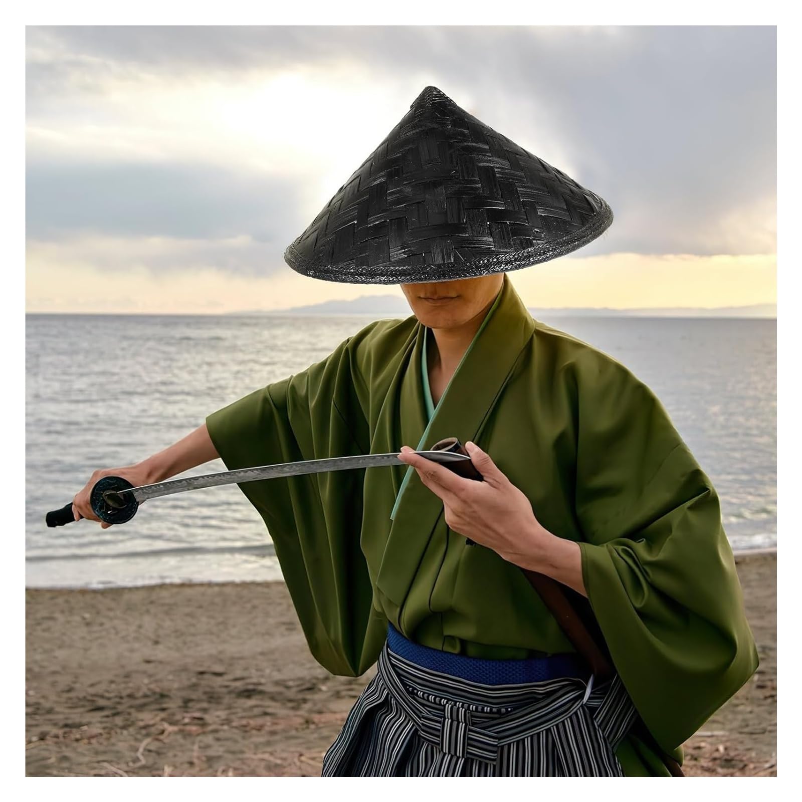 Męski bambusowy kapelusz rybacki, Ręcznie robiony azjatycki kapelusz ryżowy, samuraj ninja cosplay, występ sceniczny 1 szt
