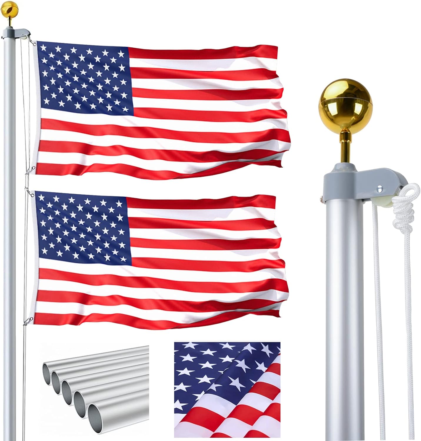 25FT Sectional Flag Pole Kit, Heavy Duty Aluminum Flagpole Set Outdoor In Ground Flagpole Fly 2 Flags with 3x5 Polyester American Flag & Golden Ball for Residential or Commercial