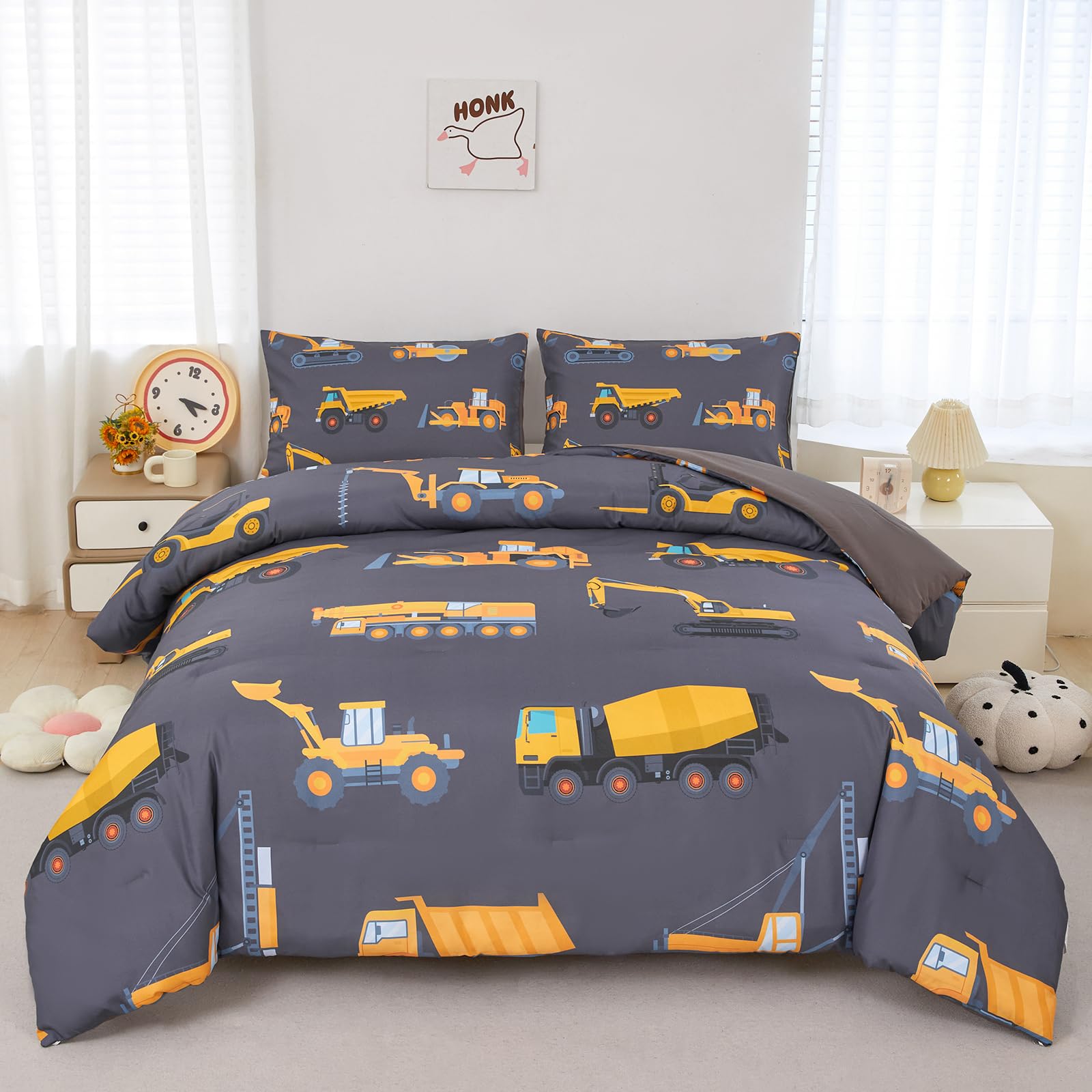 ZRNBAST Construction Kids Bedding Set for Boys Twin Size Trucks Dark Grey Comforter Set Teens 3 Pieces Tractor Bedding Set Lightweight Microfiber Excavator Bed Set with 2 Pillowcases