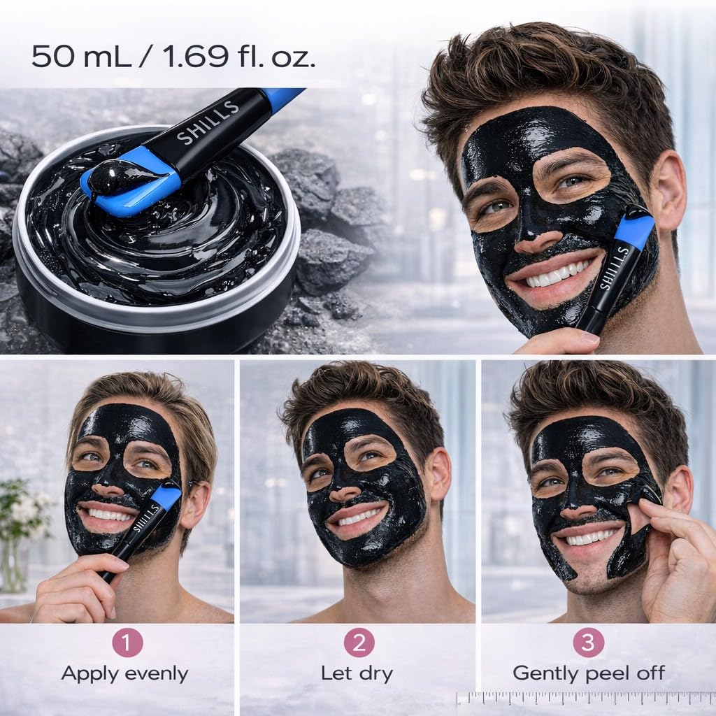 SHILLS Charcoal Mask for Men, 1 Bottle (1.69 fl. oz) and a Brush Set - Image 5