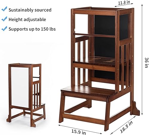 Miniatura 7 de UNICOO Taburete de bambú de altura ajustable para niños, torre de pie de cocina para niños, taburete de cocina estilo Montessori con tablero de arte