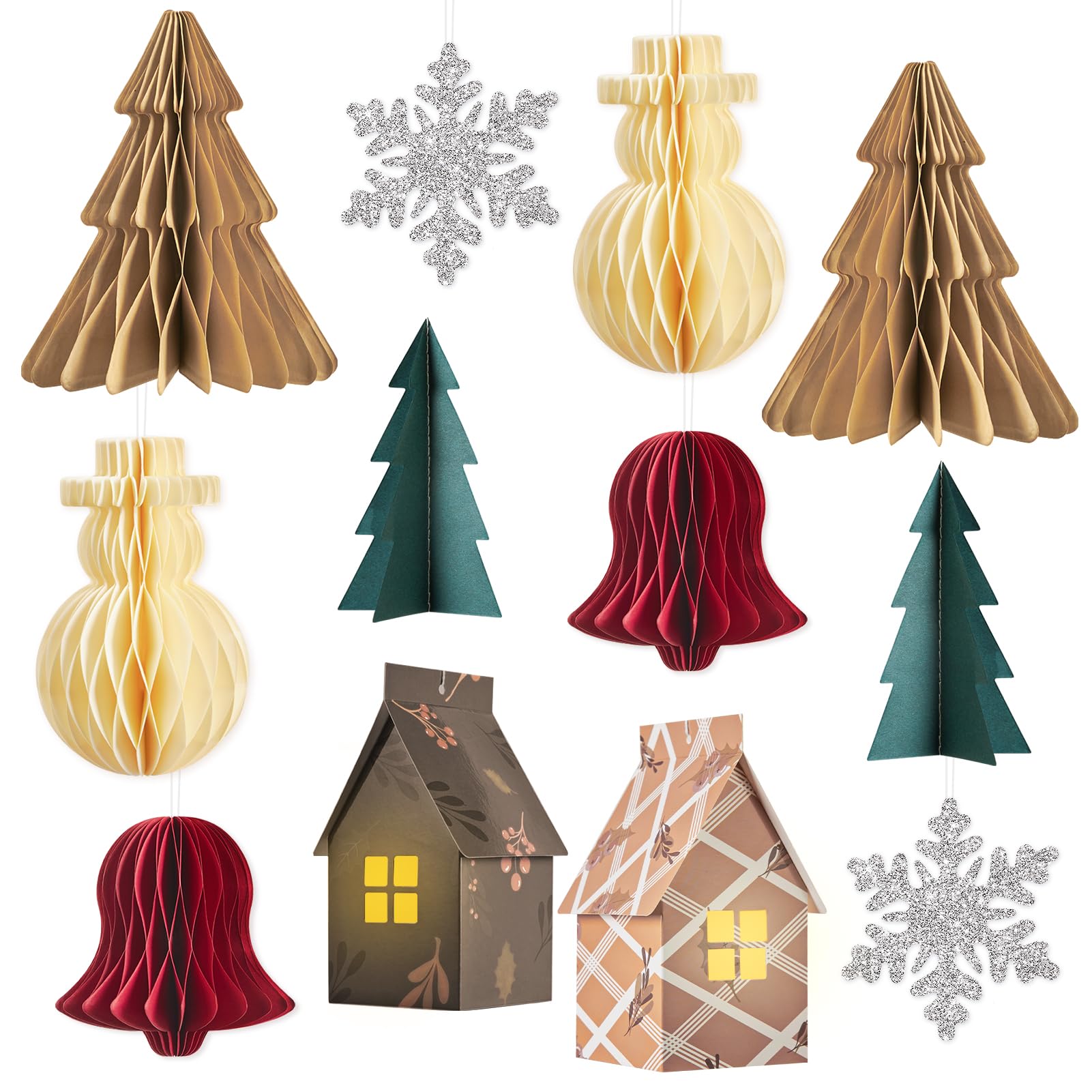 12Pcs Paper Ornaments - Christmas Tree Decorations: Snowflake, House, Indoor Home Decor