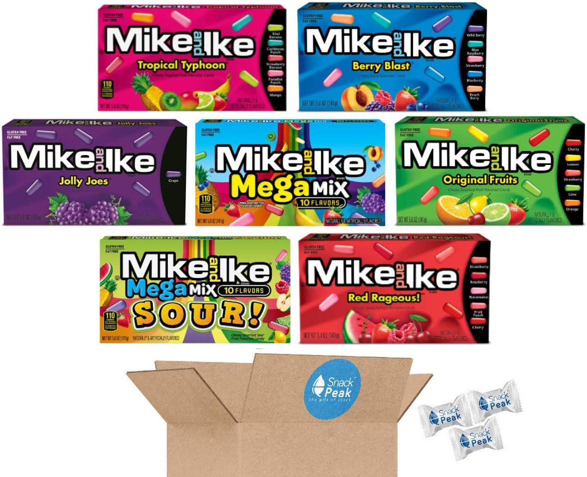 Mike and Ike Snack Peak Variety Gift Box – Tropical Typhoon, Berry Blast, Mega Mix, Jolly Joes, Original, Red Rageous and Mega Mix Sour