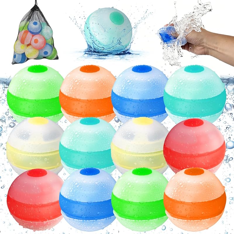 Reusable Water Balloons,Soft Refillable Water Balloons Quick Fill,12 Pack | Soft Silicone;Self Sealing;Quick Fill;Magnet-Free;Pool Toy for Toddler
