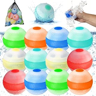 Reusable Water Balloons,Soft Refillable Water Balloons Quick Fill,12 Pack | Soft Silicone;Self Sealing;Quick Fill;Magnet-Free;Pool Toy for Toddler