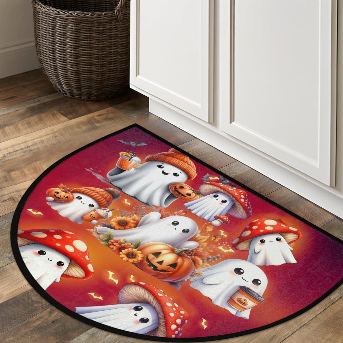 Half Round Doormat Halloween Ghosts Cute Washable Semi Circle Area Rug Non Slip Half Moon Rug Holiday Decor Mat for Indoor Outdoor Bathroom Kitchen Welcome Fireplace Hearth Floor Mat
