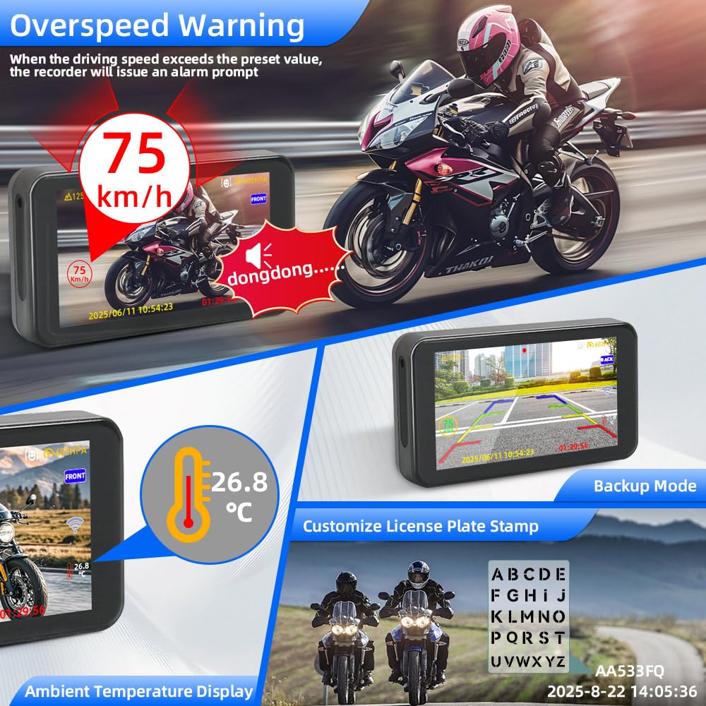 Caméra de Tableau de Bord pour Moto VSYSTO, écran 4,5'', caméras WiFi 1080P 3CH, Mode Selfie, GPS, contrôleur Filaire, Surveillance stationnement, Conduite assistée, Affichage température