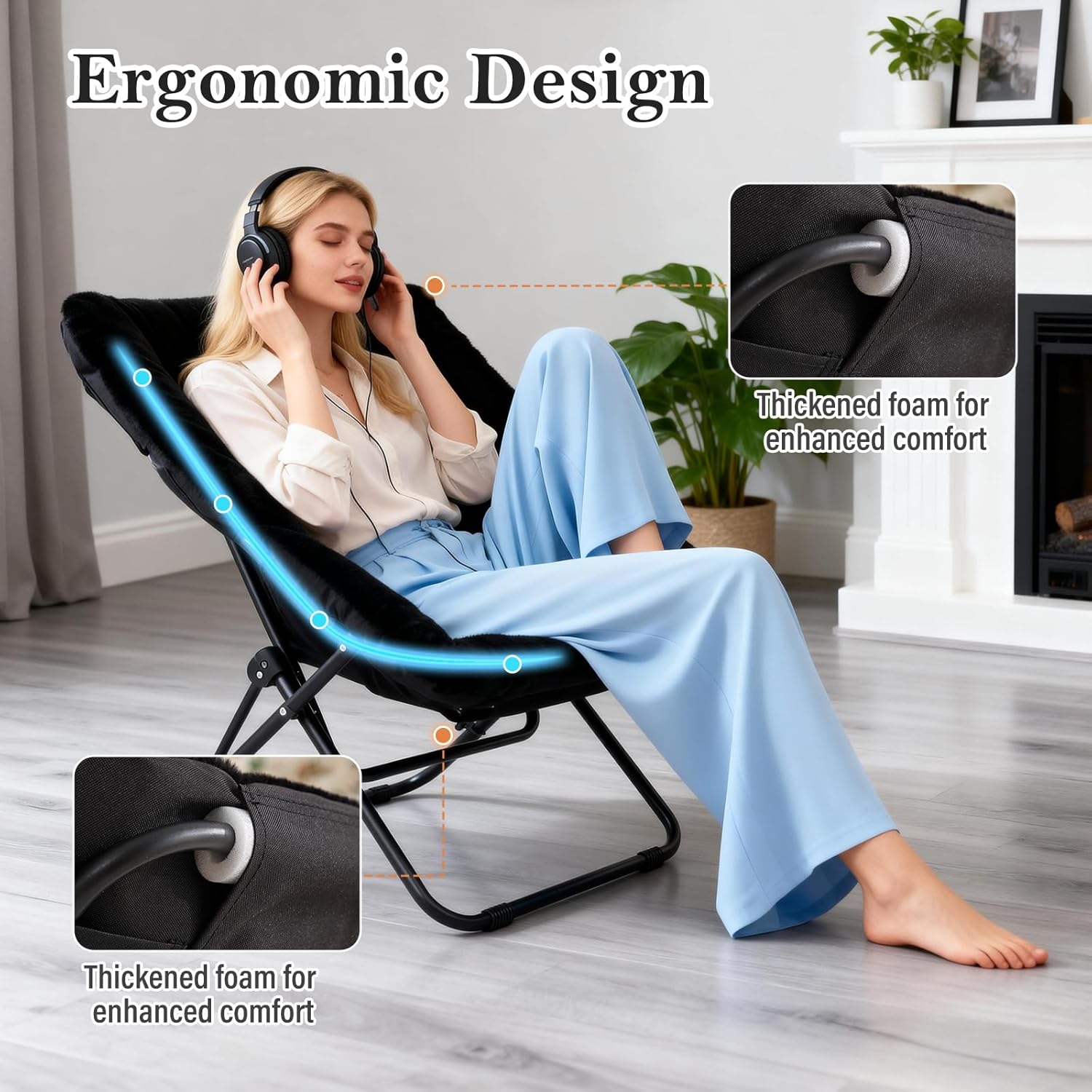 Saucer Chair, Comfy Bedroom Chairs, Oversized Folding Faux Fur Chair, Foldable Metal Frame Chair for Bedroom, Patio, Study, Playroom (Black)