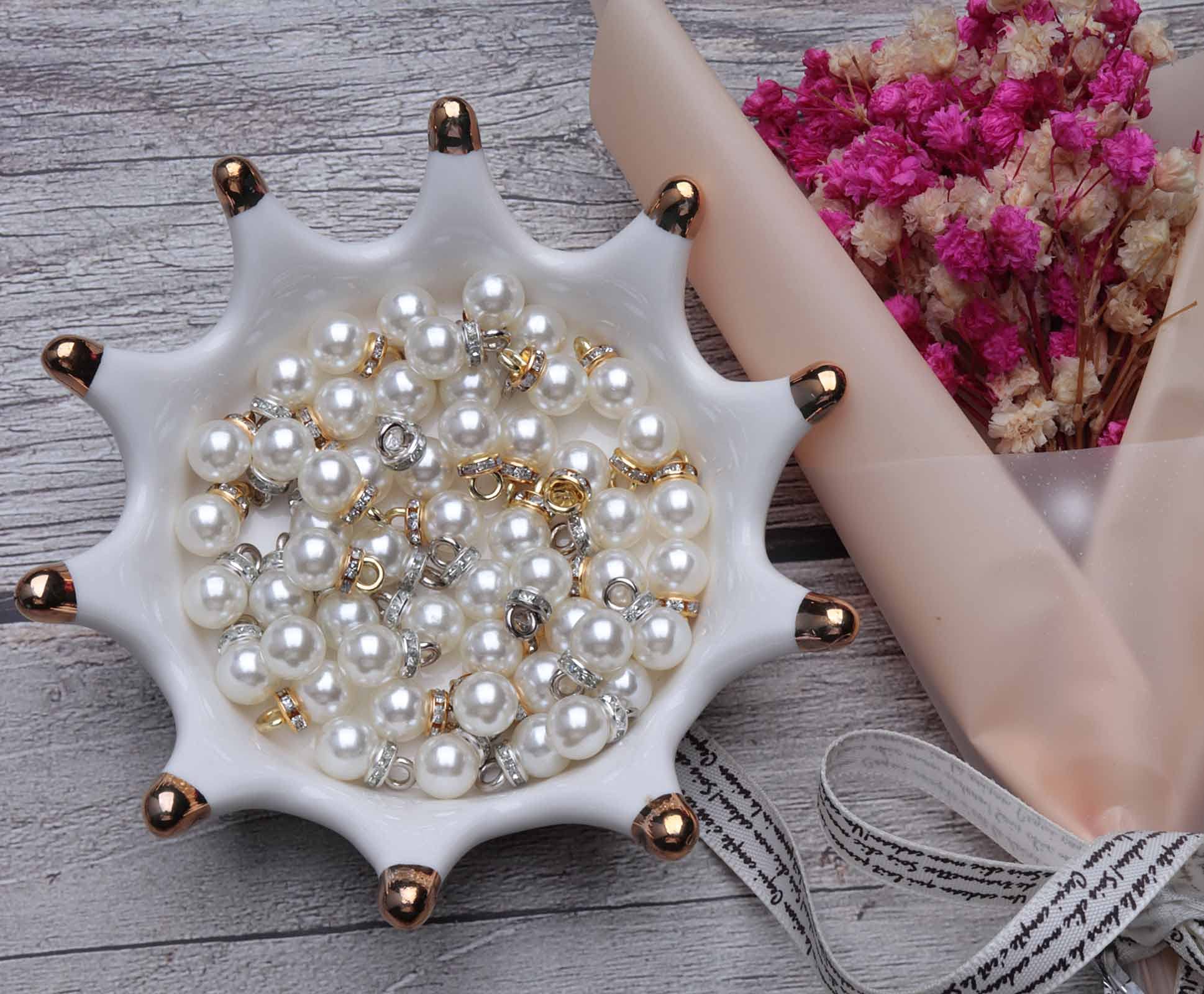 Ruwado Faux Pearl Beads with Rhinestone 25 Pcs Gold 25 Pcs Silver with Hole Vintage 8 mm Elegant Imitation Peal Pendant Charms for Dangle Earrings Necklace Bracelet DIY Jewelry Making Accessories - Image 3