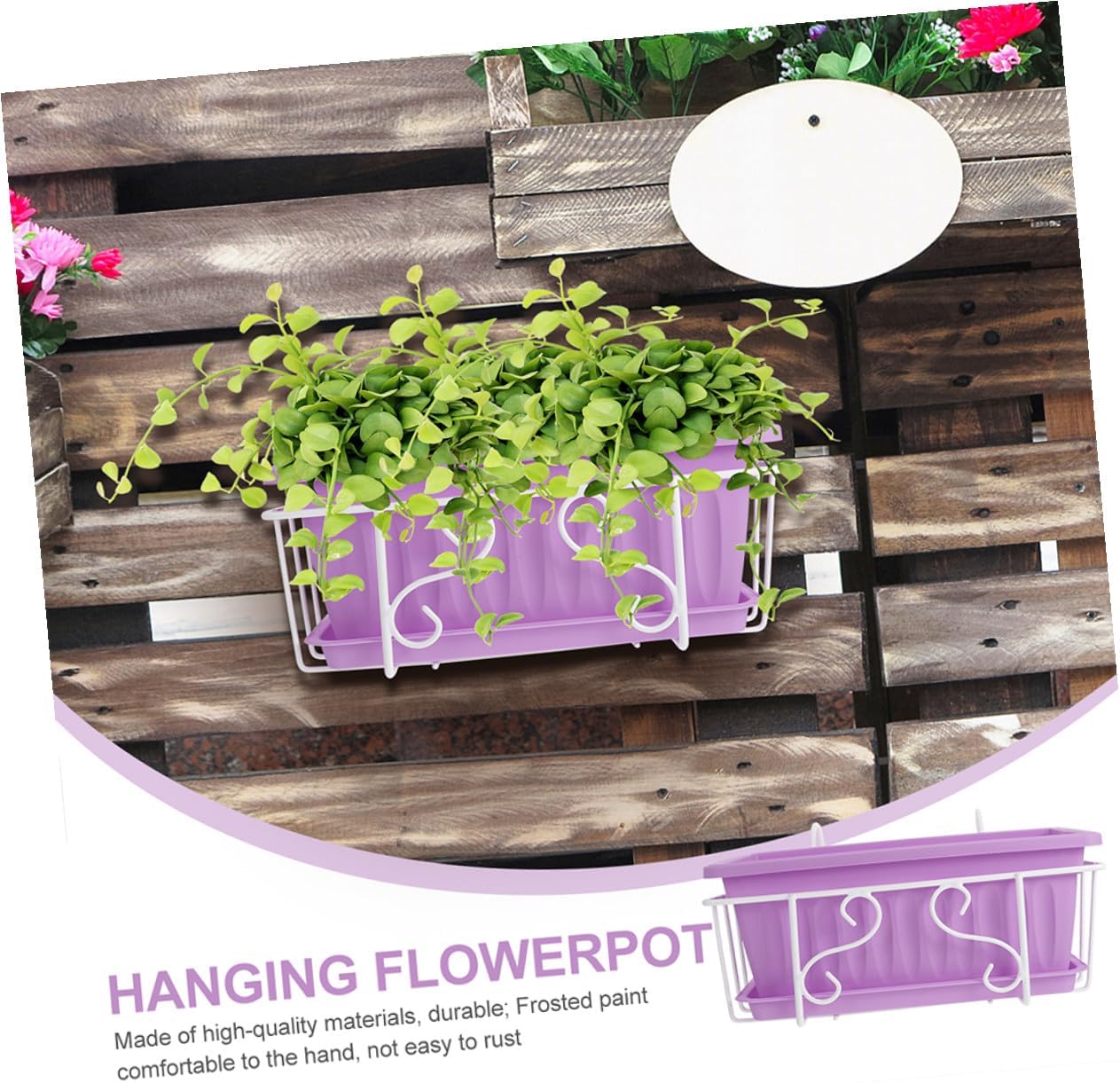 VANZACK Rectangular Hanging Vegetable Planter Pot with Tray for Garden Balcony Railing, Medium Purple Flower Pot with White Metal Frame, Windowsill Herb and Succulent Planting Container