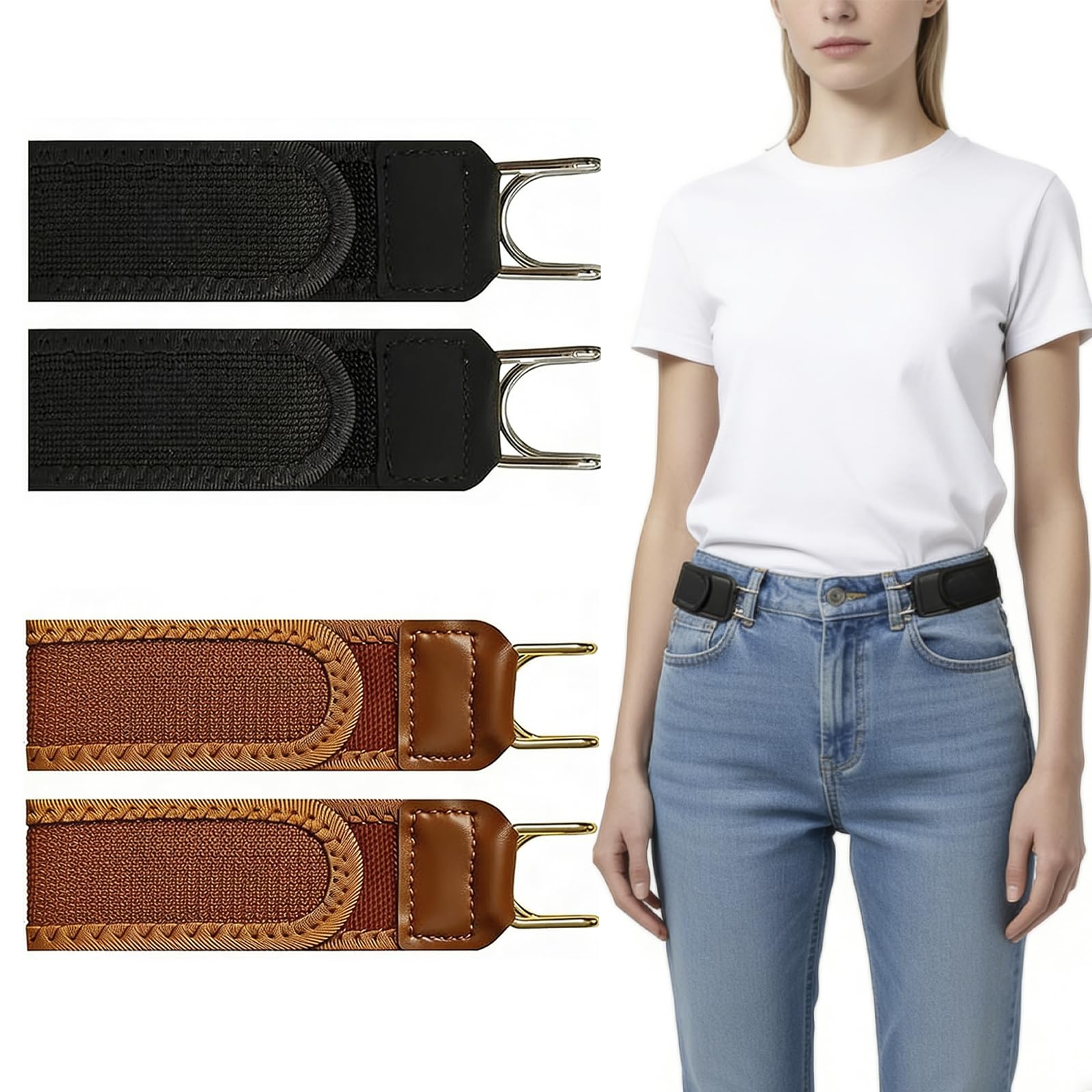 Linisiting Unisex Black 4 Pcs No Buckle Elastic Belts For Men, Metal Hook Buckleless Waist Straps, Waist Strap, Adjustable Invisible Stretch Belts For Work Casual Business Travel Hiking