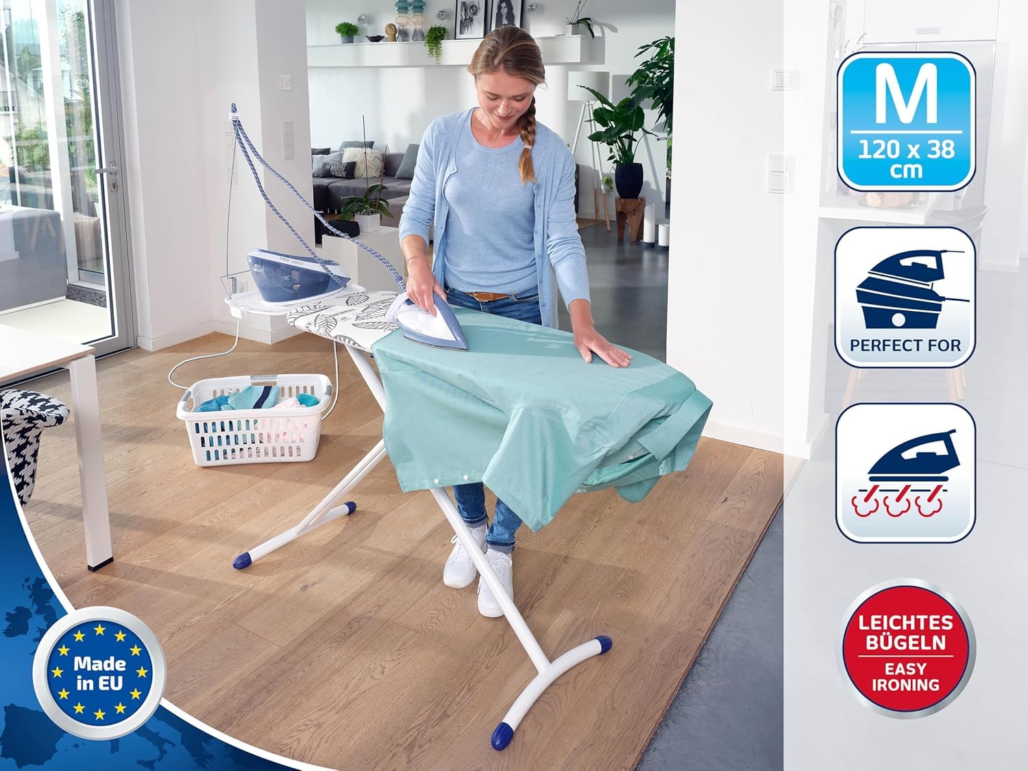 Leifheit Tabla de planchar plegable Air Board Express M Solid, mesa de planchar estable y ultraligera, tabla de planchado regulable en altura, Rojo/Blanco (72565)