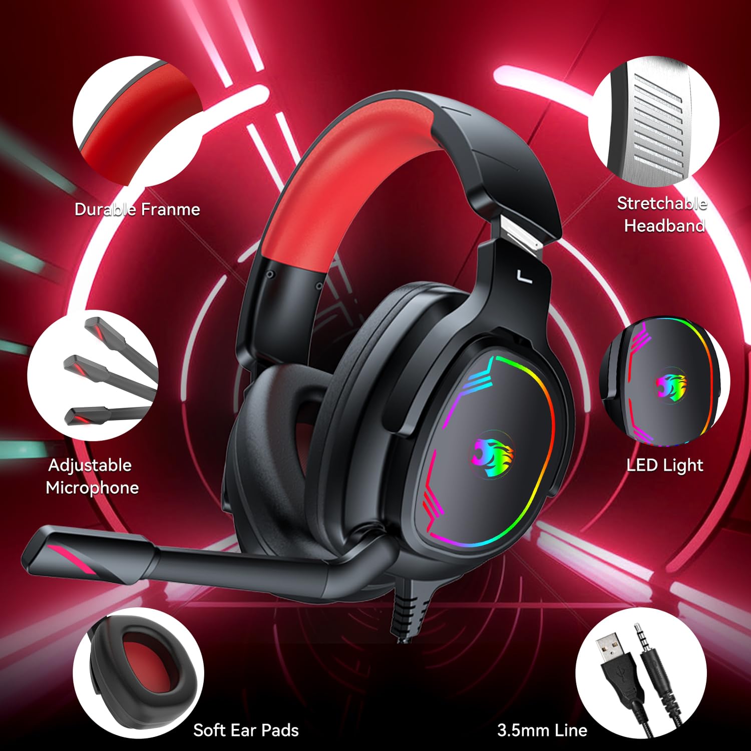 Jimonyer Zestaw słuchawkowy do gier z mikrofonem do PC/PS4/PS5/Xbox/Nintendo Switch, stereo Surround Sound Gaming Headset Xbox One z redukcją szumów, elastyczny mikrofon, światło RGB (czerwony)