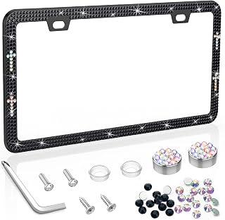 SHARE&CARE Bling License Plate Frame, Crystal License Plate Cover, Car License Plate Holder with Rhinestone Crystal Diamond Screw Set (Black-Cro)