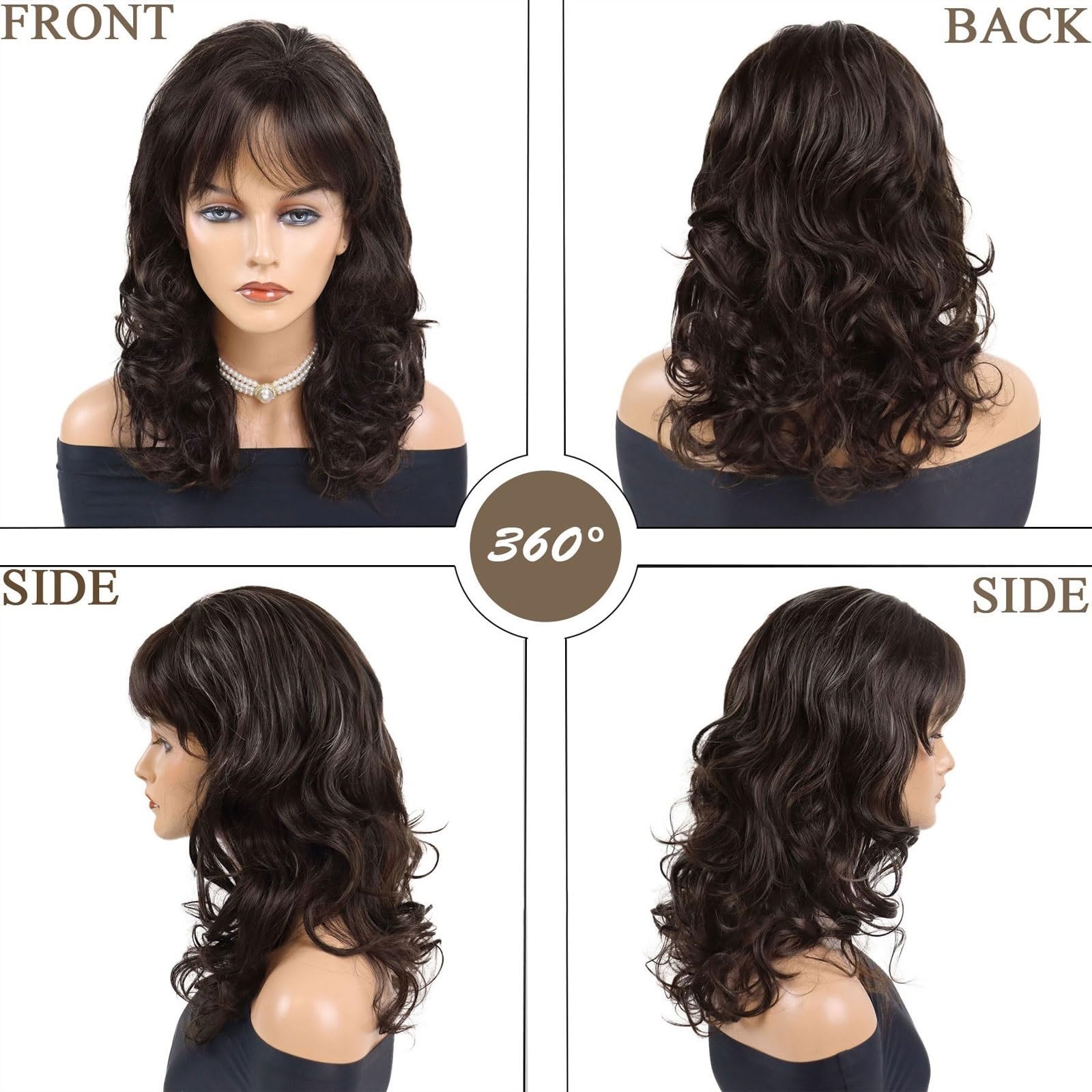 Parrucca di capelli naturali casual da donna, per uso quotidiano, evidenziata, misto capelli sintetici, parrucca marrone con frangia, parrucca di ricambio lunga e riccia (multicolore colore)