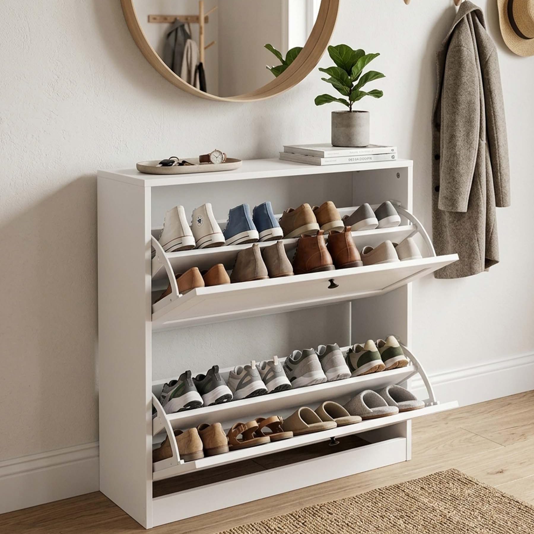 Amveya Schuhschrank Weiß Schmal Platzsparend, Schuhkipper mit 2 Klappen& Kippschutz Schuhregal, Kleiner Schrank für Flur und Diele Modernes Design 80 x 24 x 80 cm Küche, Haushalt & Wohnen