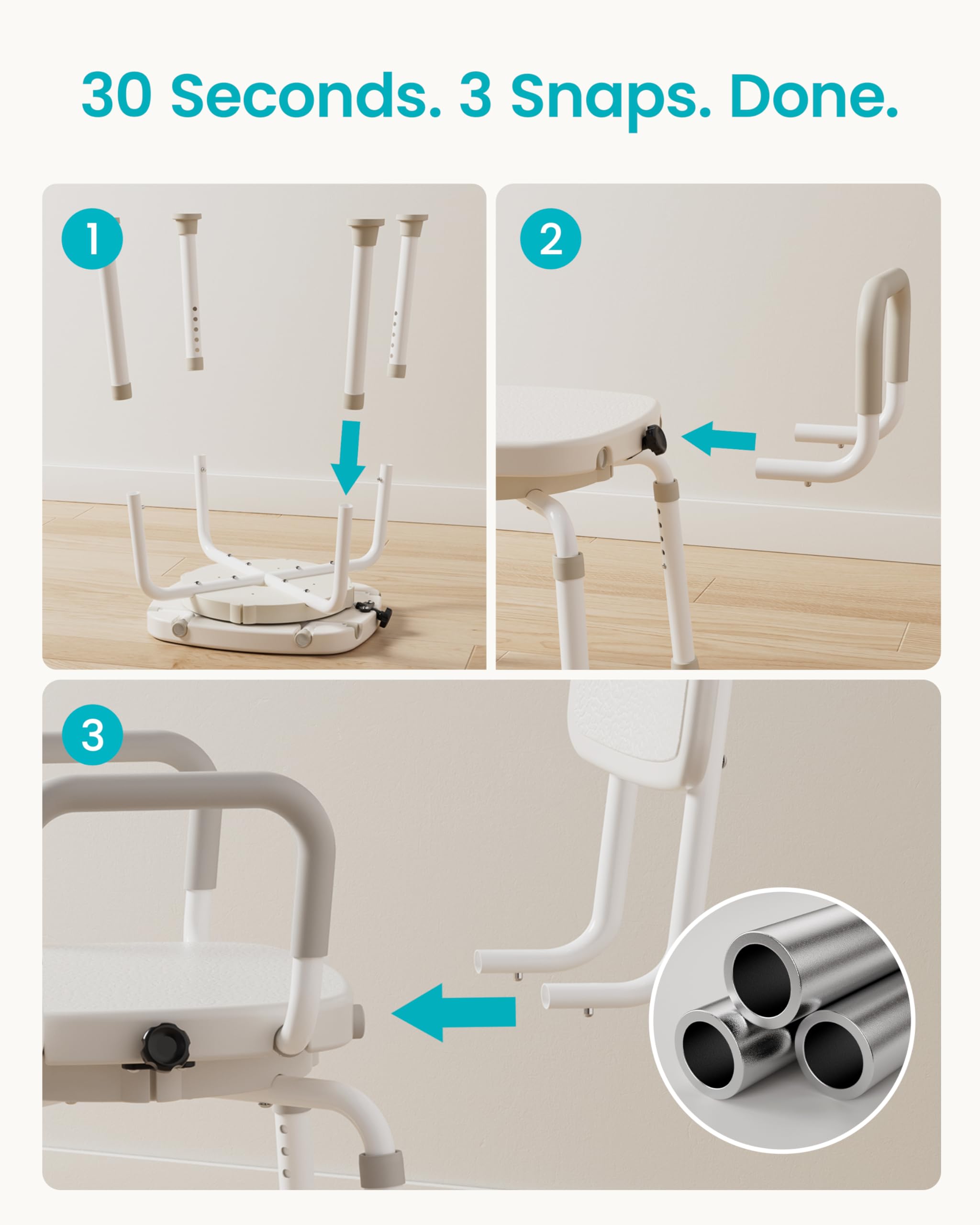 Silla de ducha giratoria para ducha interior, gira sin estar de pie, asiento de baño giratorio resistente de 660 libras con brazos y respaldo, altura ajustable de 18 a 21 pulgadas para personas
