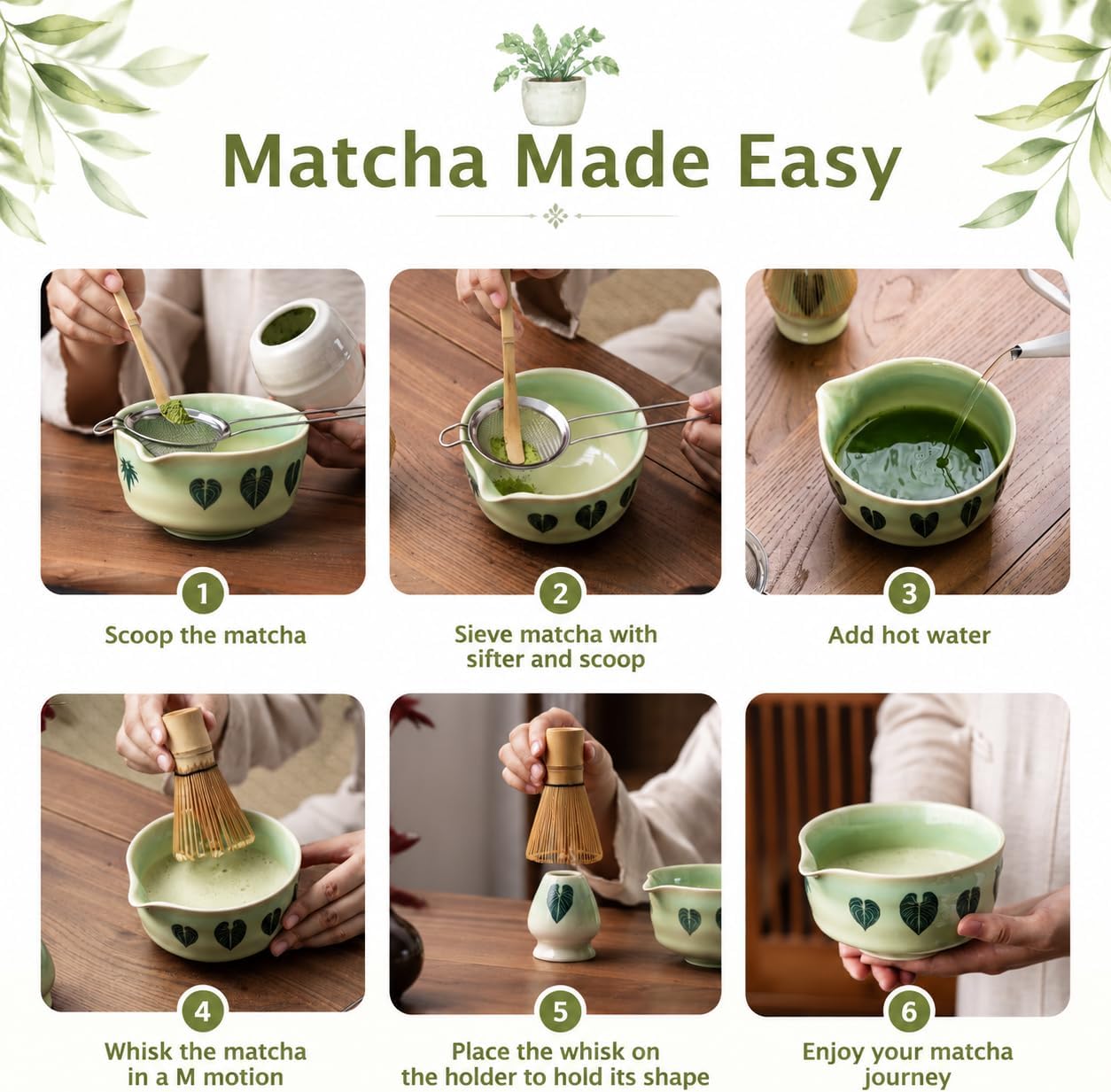 Buucup Matcha Whisk Set, Matcha Bowl Set ，5 Pcs Matcha Kit (Ombre Leaf)