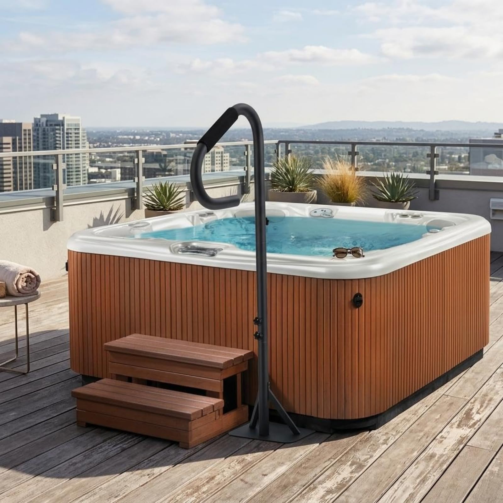 Jaccuzie zewnętrzna, poręcz spa ze światłami LED, pojemność 270 kg, 4-osobowa sztywne spa 143 x 50 x 14,8 cm, obrotowa o 360° rampa boczna z regulowaną wysokością