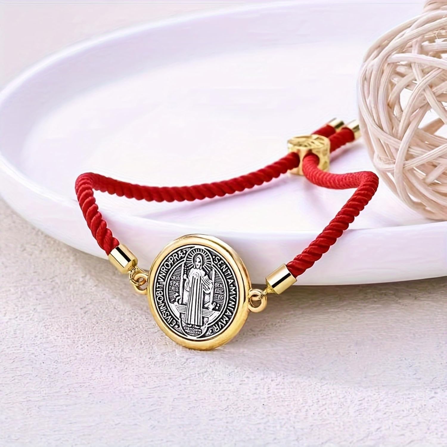 Catholic Bracelets St. Benedict Bracelet Red Rope Double Hole Pendant Couple Woven Bracelets Adjustable Black Bracelet - Image 2