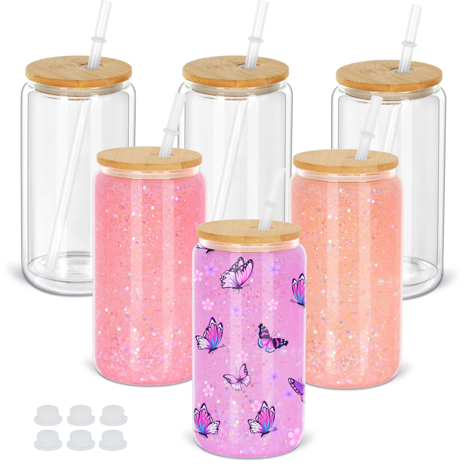 Maucircol 16 Oz Snow Globe Tumblers - 6 Pack Pre-Drilled Glass Cups With Handles & Plugs