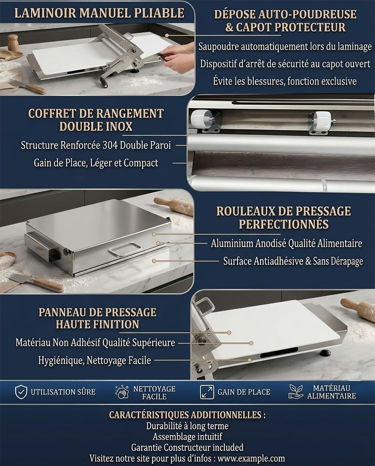 Laminoir Manuel Pliable 304 INOX - Machine à Pâte Pro 0-25mm, Laminoir Domestique pour Croissants, Pâte Feuilletée, Pizza et Biscuits - Design Compact Gain de Place 40x90cm