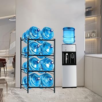 8-Tray Water Jug Rack, Storage 5 Gallon Water Cooler Bottle Holder Stand, 4-Tiers with 2-rows Heavy Duty Carbon Steel 5 Gal Water Bottle Organizer for Home, Office, Kitchen, Warehouse, Black