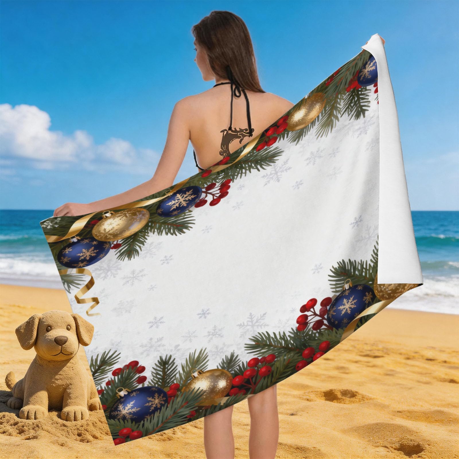 Leichong 3D Christmas Beach Towel Microfiber Soft Quick Dry for Adults, Chic Bath Towel Lightweight Soft Absorbent for Travel Swimming Pool Sports, 75 x 150 cm