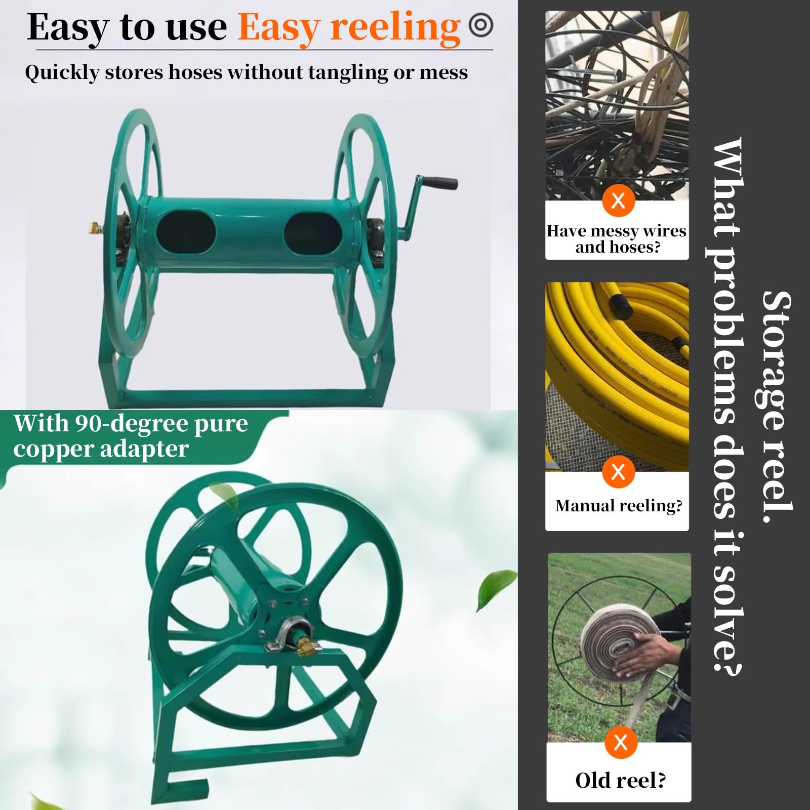 FORRTY Metall Landwirtschaftliche Schlauchtrommel, Handkurbel Schlauchaufroller,Gartenschlauch Schlauchtrommel Schwerlast,Wand/Boden/Ladeflächenmontage,Schlauchwagen for Autowäsche(5m Hose,100m)